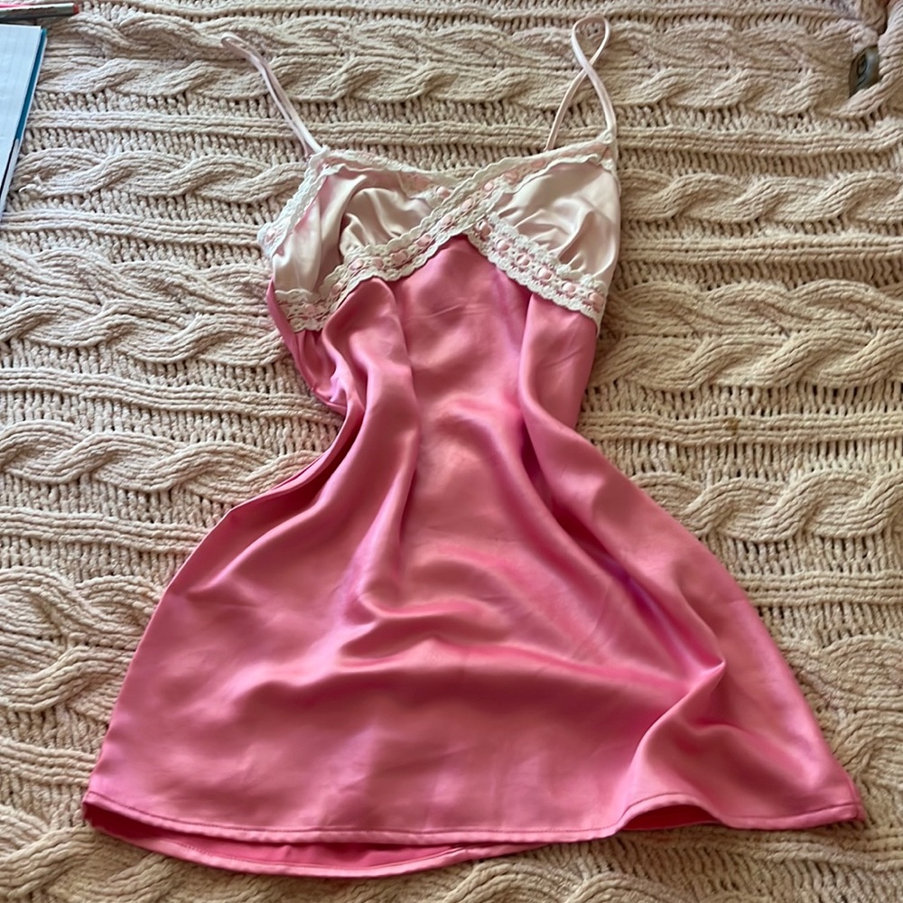 Pink baby doll slip silk dress in light pink and hot pink with white lace